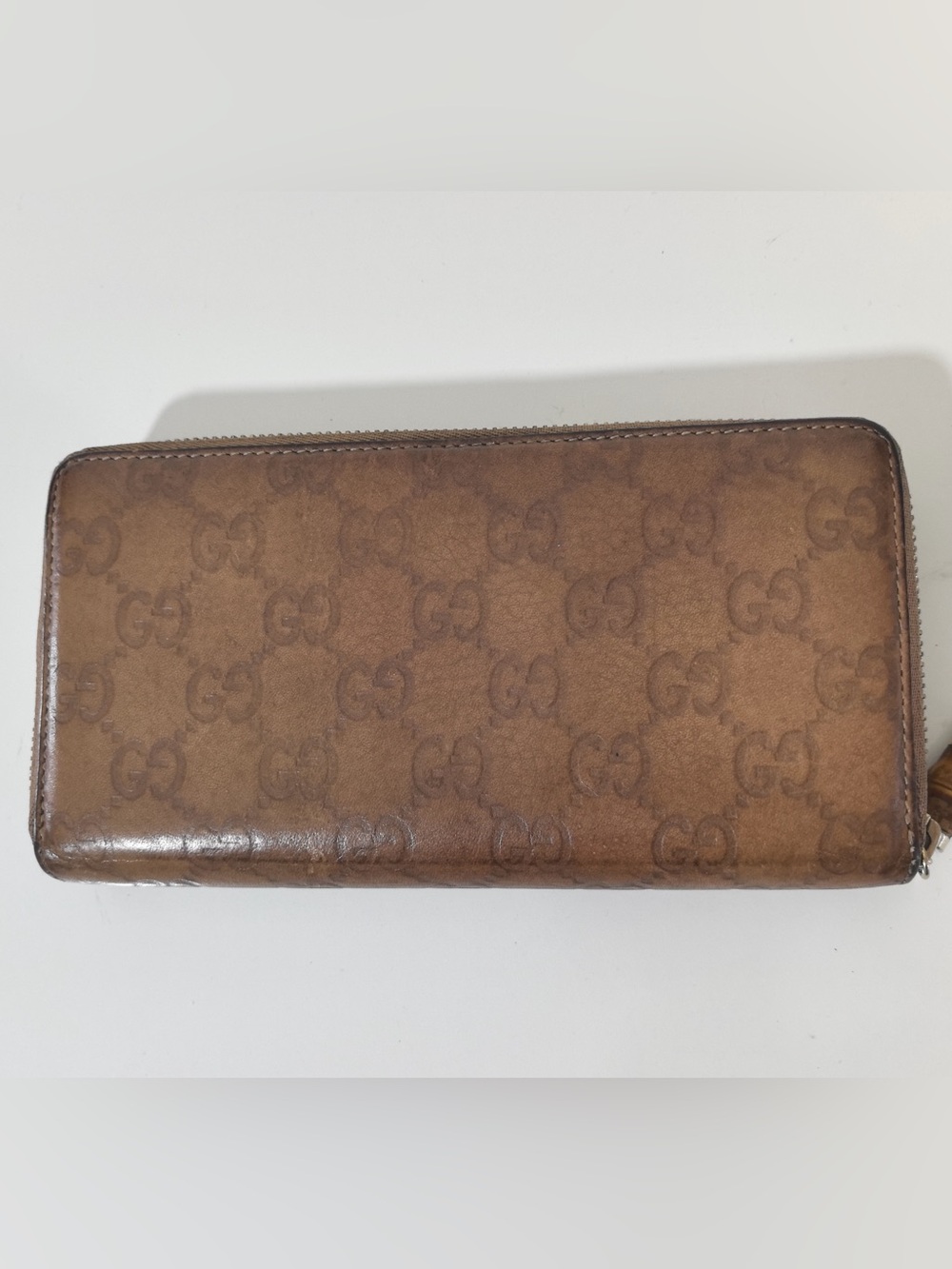 Pre-Owned Gucci Brown GG Embossed Leather Bamboo Zip Wallet